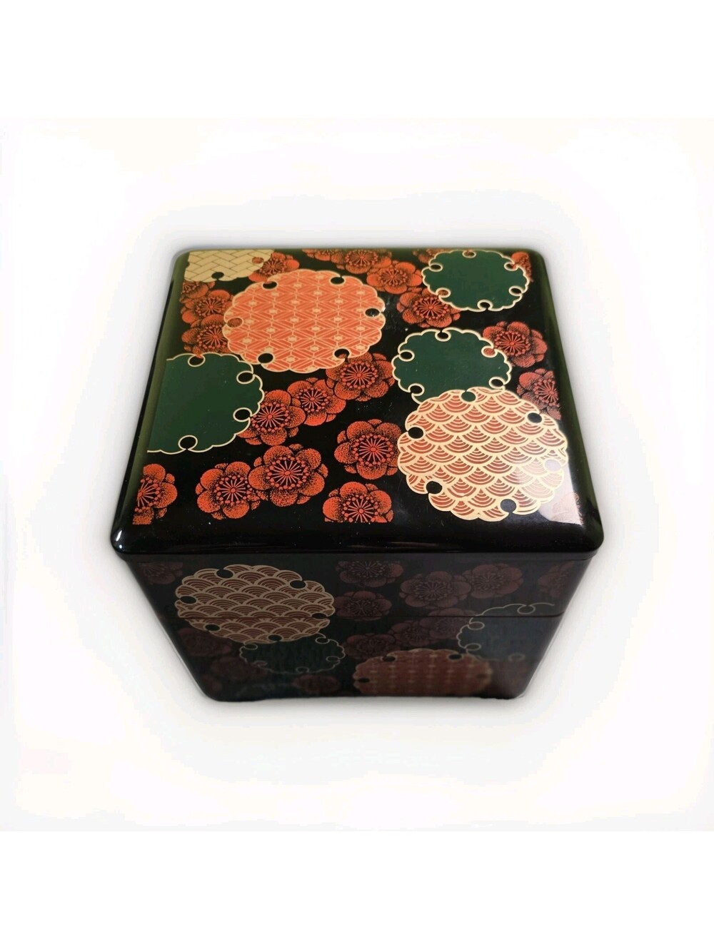 MMA 1992 Made in Japan Black Lacquer-Style 3-Tier Box w/ Lid Red Floral